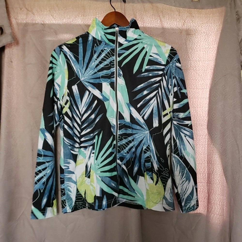 Onque Casual Jacket Womens Small Black Tropical Floral Full Zip Lightweight